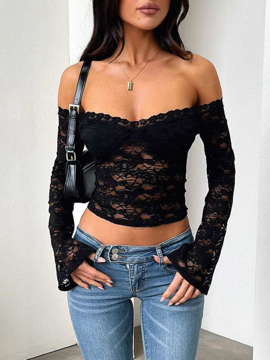 Devine Lace Off-Shoulder Long Sleeve Top - Trendsi - Flyclothing LLC