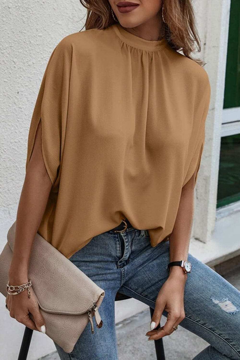 Tie Back Slit Half Sleeve Blouse - Trendsi - Flyclothing LLC