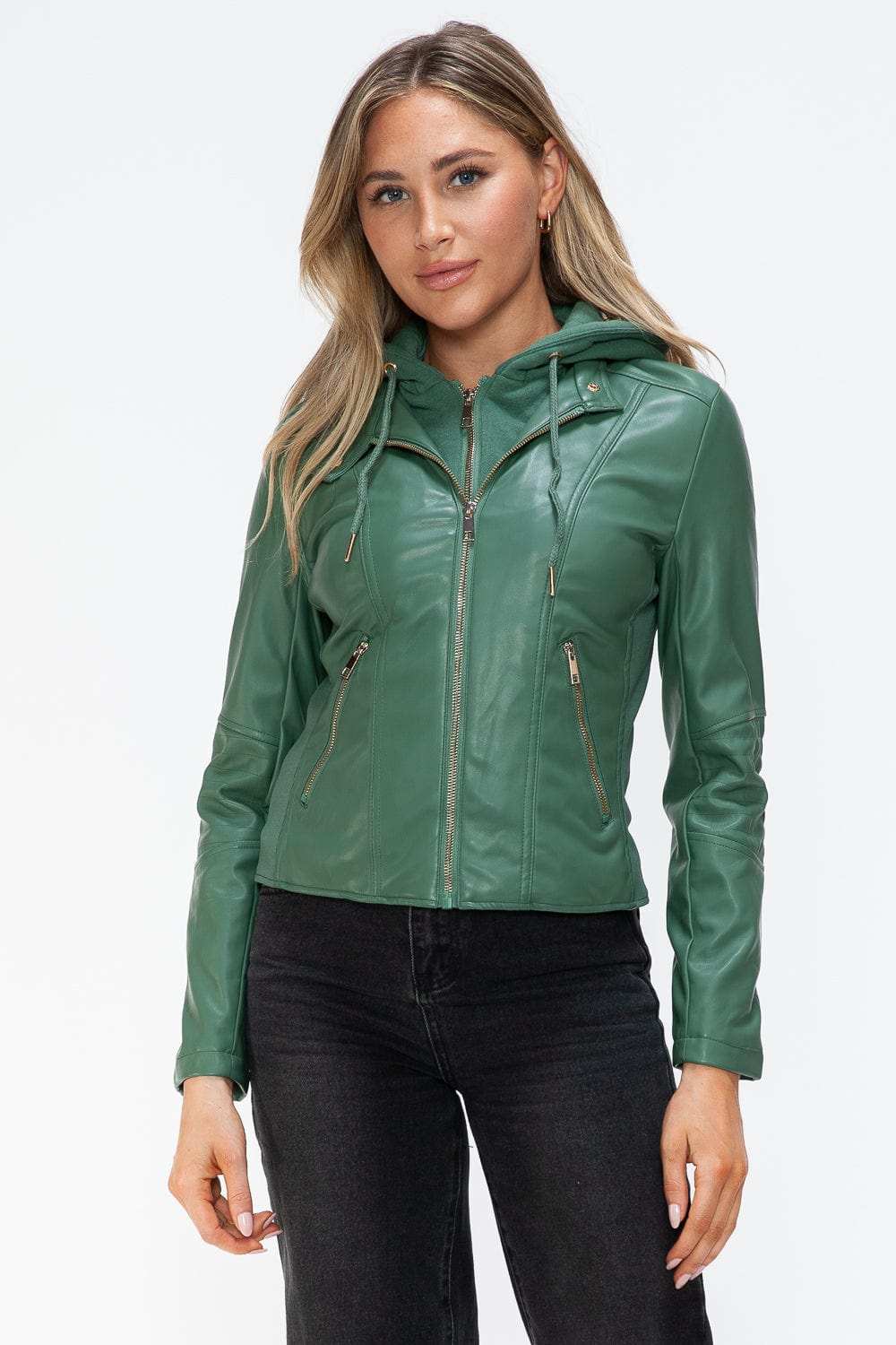 Snobbish Faux Leather Zip Up Drawstring Hooded Jacket - Trendsi - Flyclothing LLC