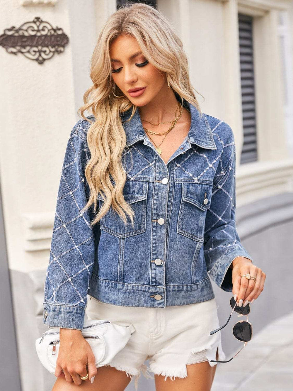 Pearl Trim Long Sleeve Denim Jacket - Trendsi - Flyclothing LLC