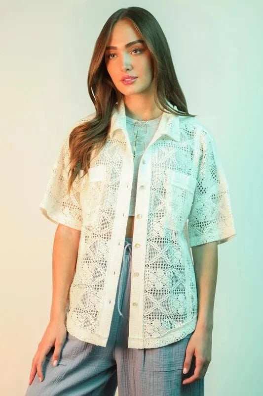 VERY J Plus Size Oversized Crochet Button Down Shirt Top - Trendsi - Flyclothing LLC