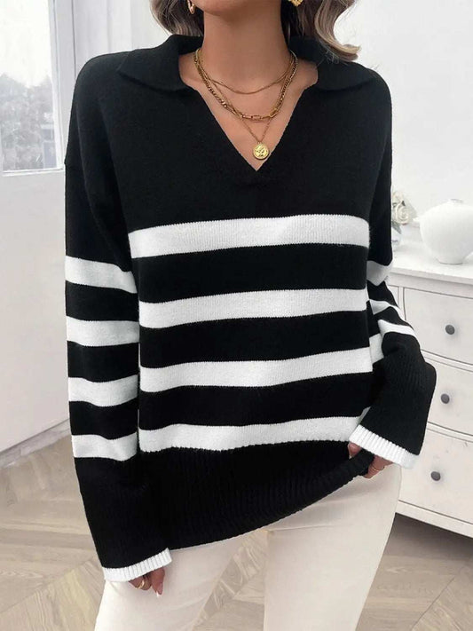 Striped Collared Neck Long Sleeve Sweater - Trendsi - Flyclothing LLC