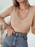 Lace-Trimmed Ruched Detail Long Sleeve T-Shirt - Trendsi - Flyclothing LLC