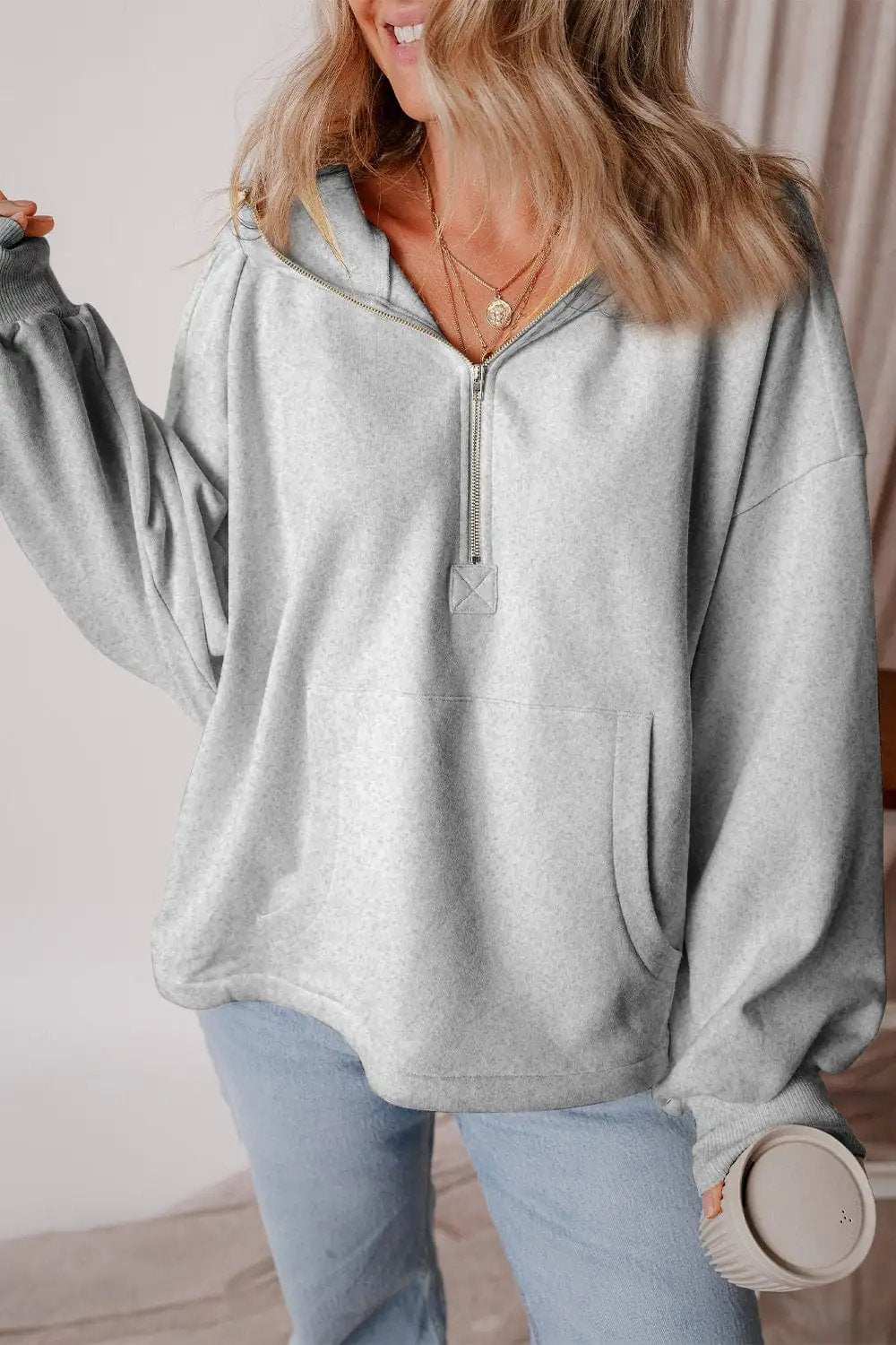 Pocketed Half Zip Dropped Shoulder Hoodie - Trendsi - Flyclothing LLC