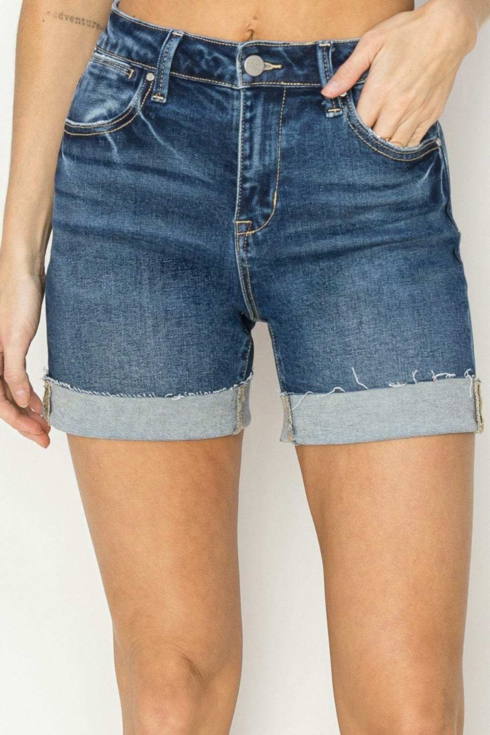 RISEN High Rise Cuffed Denim Shorts - Trendsi - Flyclothing LLC