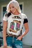 Sequin Boots Leopard Round Neck Short Sleeve T-Shirt - Trendsi - Flyclothing LLC