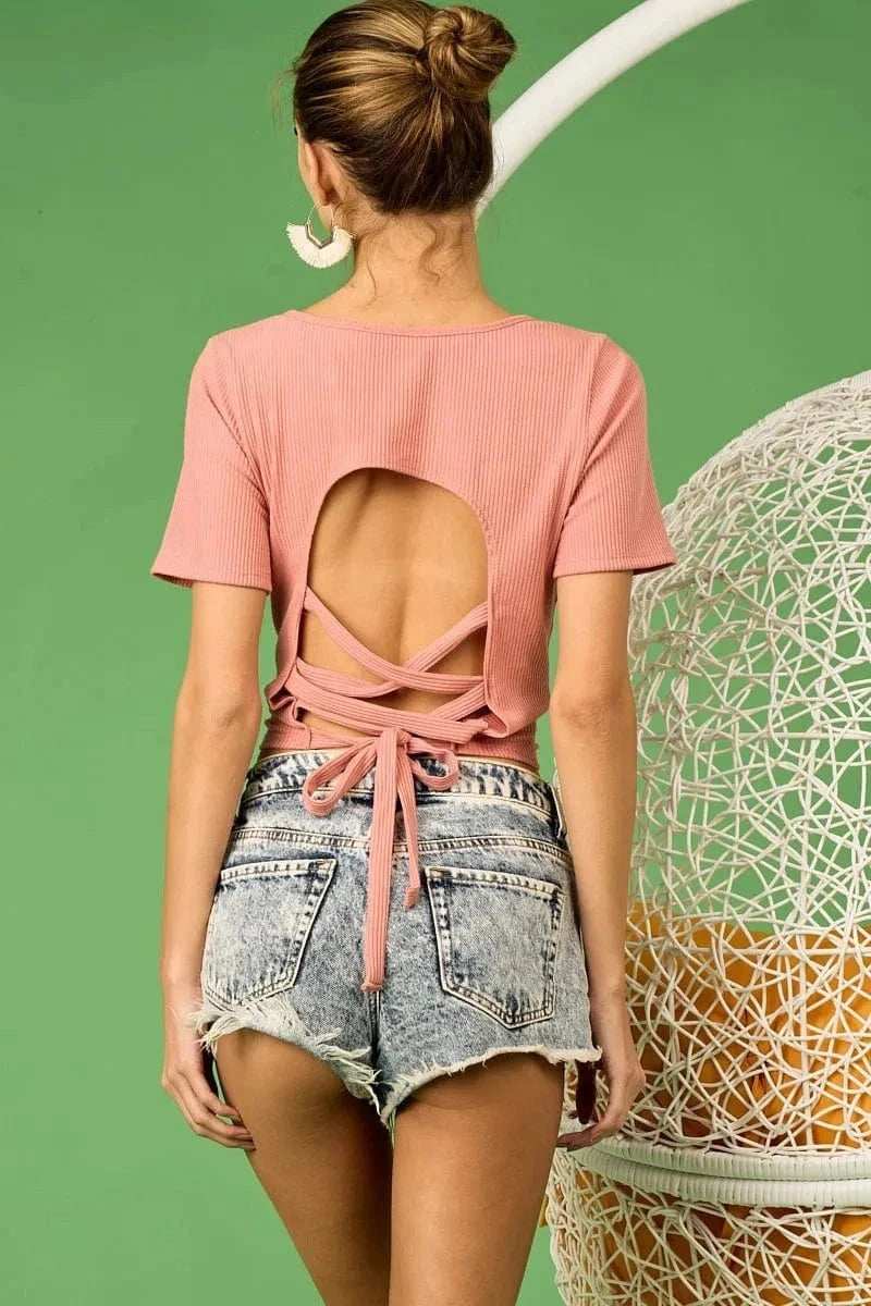 BiBi Rib Knit with Back Cross and Tied Detailed Top - Trendsi - Flyclothing LLC