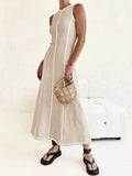 Contrast Stitching Round Neck Sleeveless Midi Dress - Trendsi - Flyclothing LLC