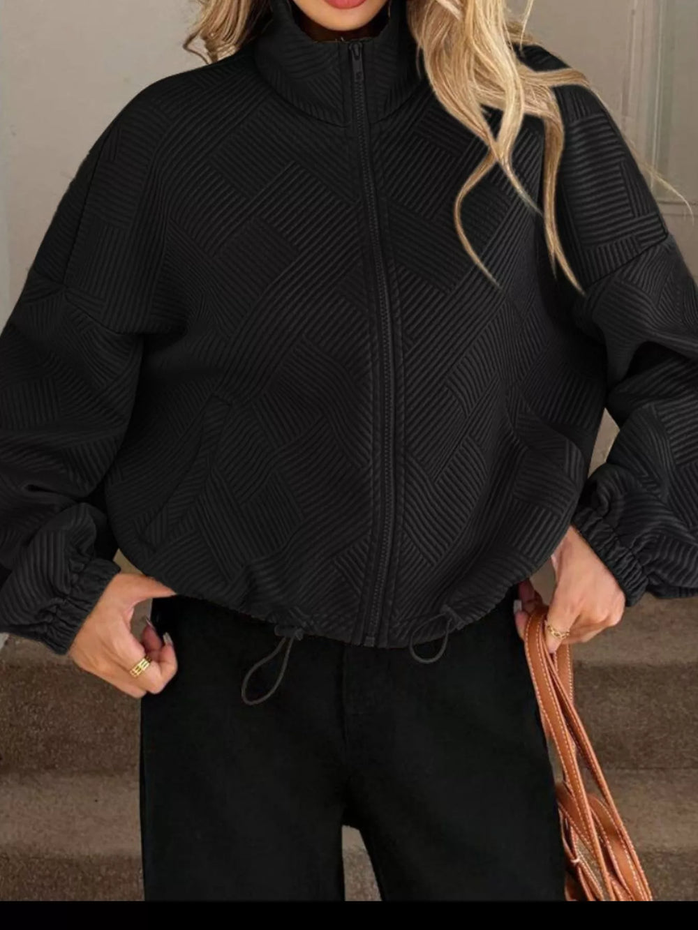 Textured Zip-Up Drawstring Hem Jacket - Trendsi - Flyclothing LLC