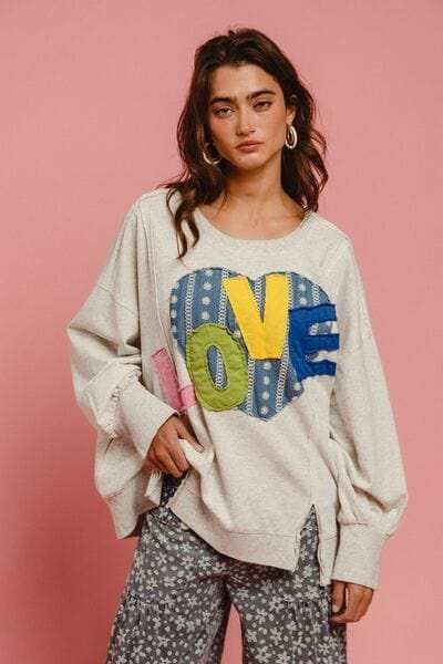 BiBi LOVE Heart Patch Slit French Terry Sweatshirt - Trendsi - Flyclothing LLC