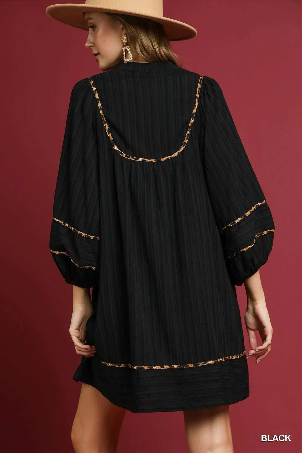 Umgee Full Size Textured Babydoll Dress with Leopard Trim Plus Size - Trendsi - Flyclothing LLC