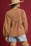 Umgee Textured Notched Blouse with Balloon Sleeves - Trendsi - Flyclothing LLC