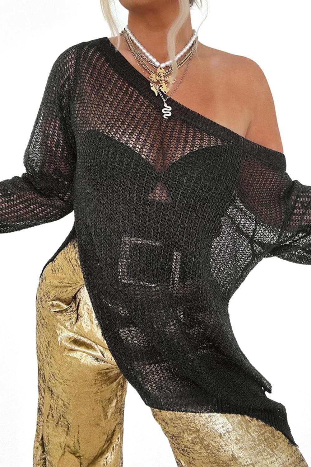 Side Slit Long Sleeve Knit Cover Up - Trendsi - Flyclothing LLC