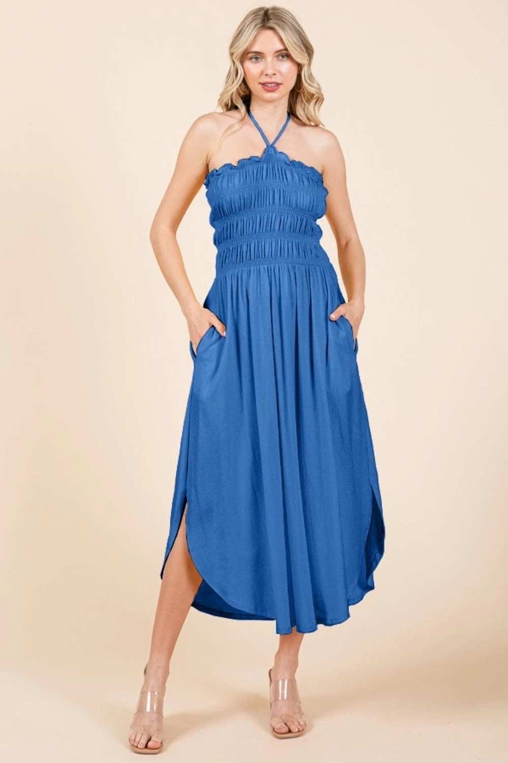 Culture Code Tie Back Shirring Dress with Pockets - Trendsi - Flyclothing LLC