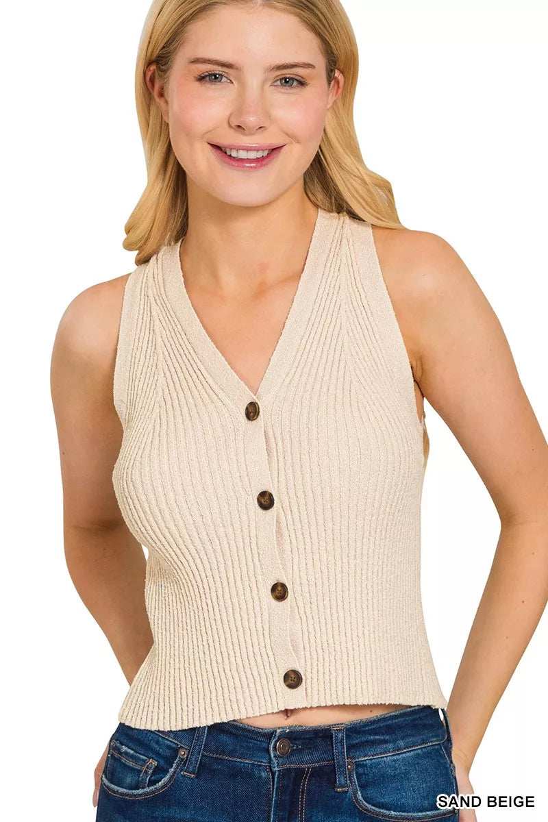 Zenana Ribbed Knit Button-Down Sweater Vest - Trendsi - Flyclothing LLC