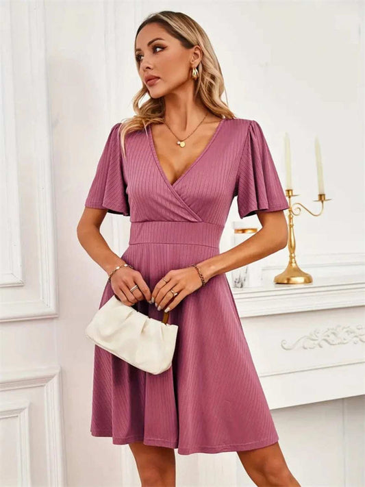 Surplice Flutter Sleeve Mini Dress - Trendsi - Flyclothing LLC