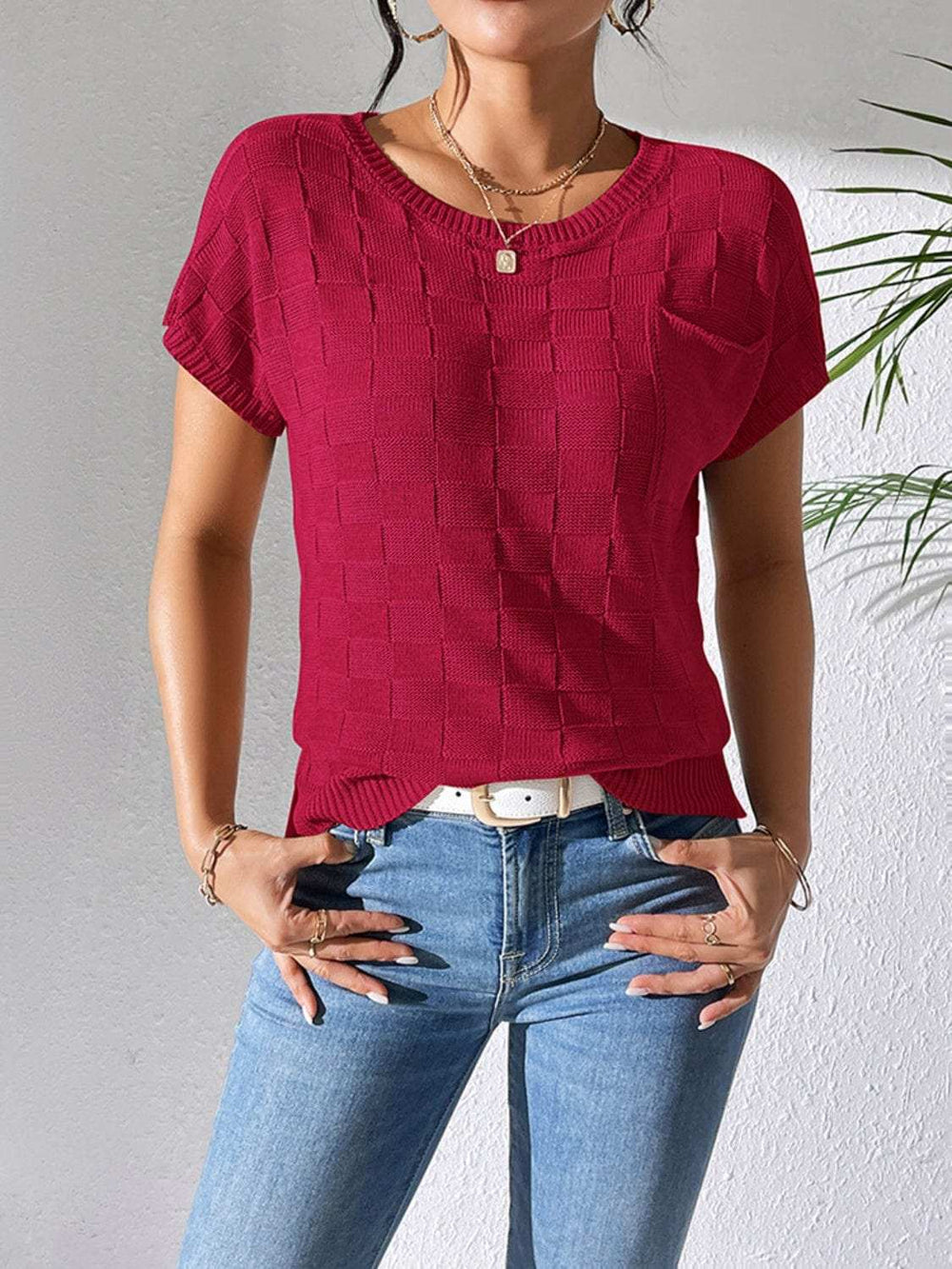 Round Neck Short Sleeve Knit Top - Trendsi - Flyclothing LLC
