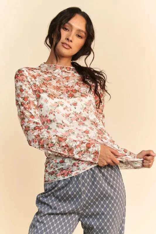 Davi & Dani Floral Print Mesh Long Sleeve Layering Top - Trendsi - Flyclothing LLC