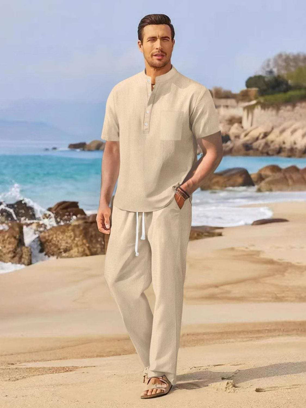 Men's Full Size Half Button Top and Drawstring Pants Set Plus Size - Trendsi - Flyclothing LLC