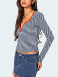 Buttoned Striped Long Sleeve T-Shirt - Trendsi - Flyclothing LLC