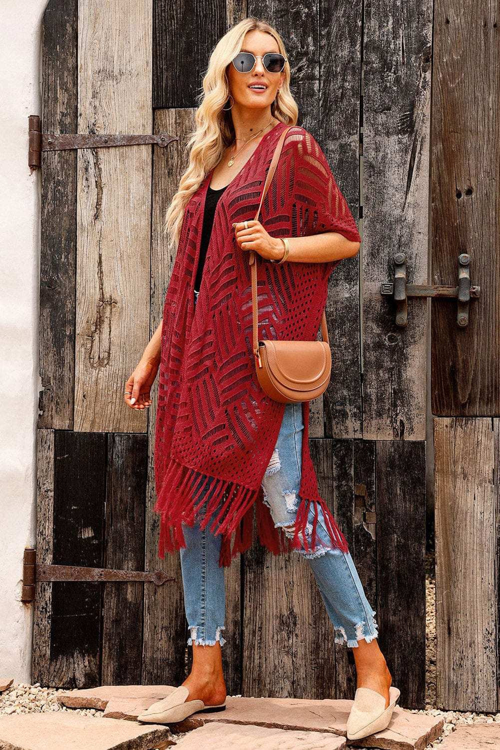 Openwork Open Front Cardigan with Fringes - Trendsi - Flyclothing LLC