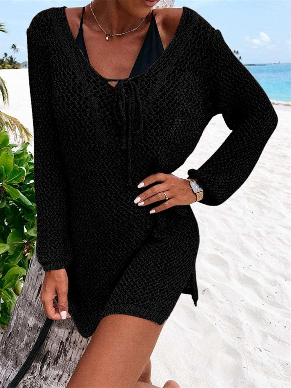 Openwork Tie Neck Cover-Up - Trendsi - Flyclothing LLC