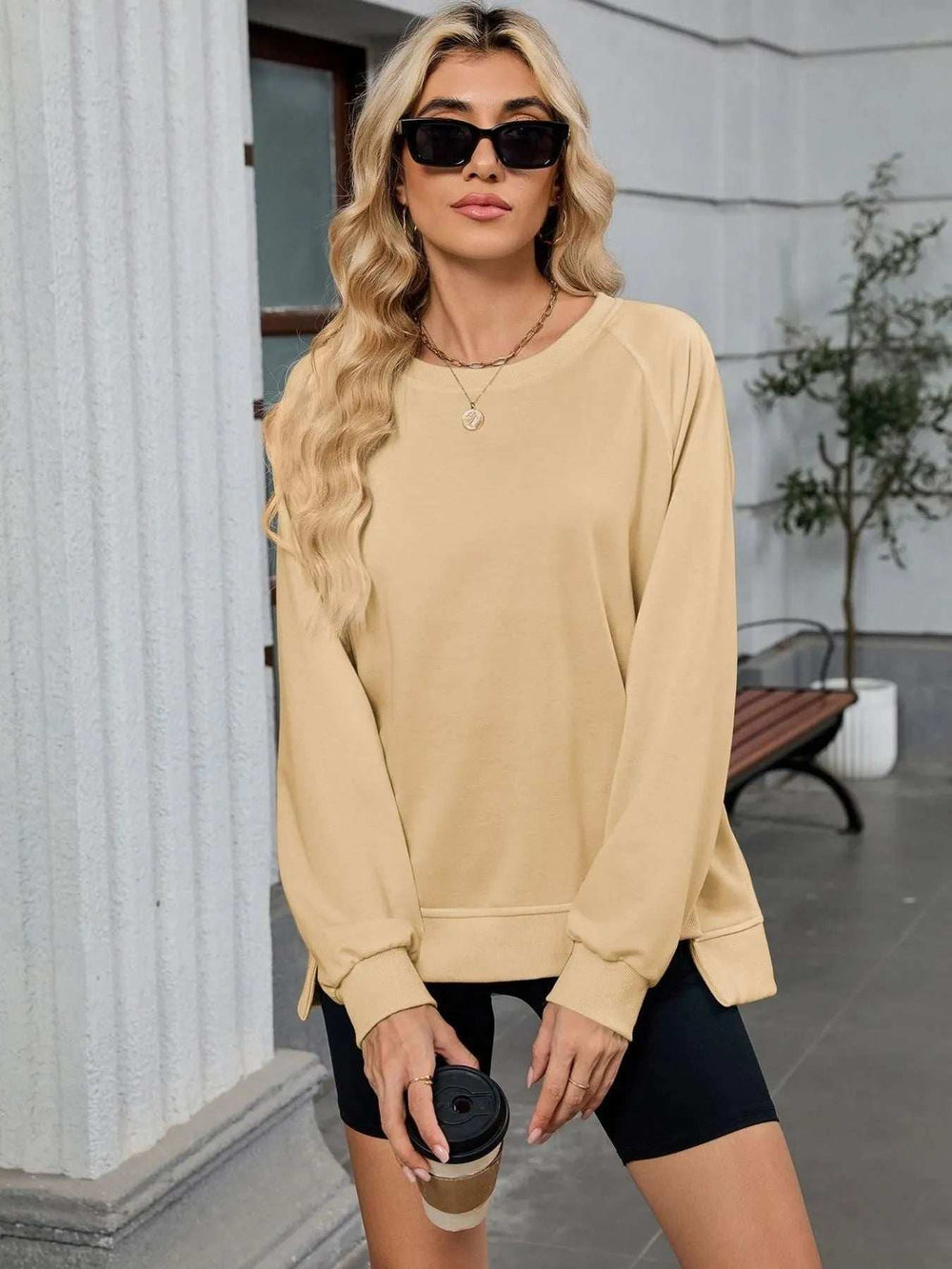 Round Neck Long Sleeve Sweatshirt - Trendsi - Flyclothing LLC