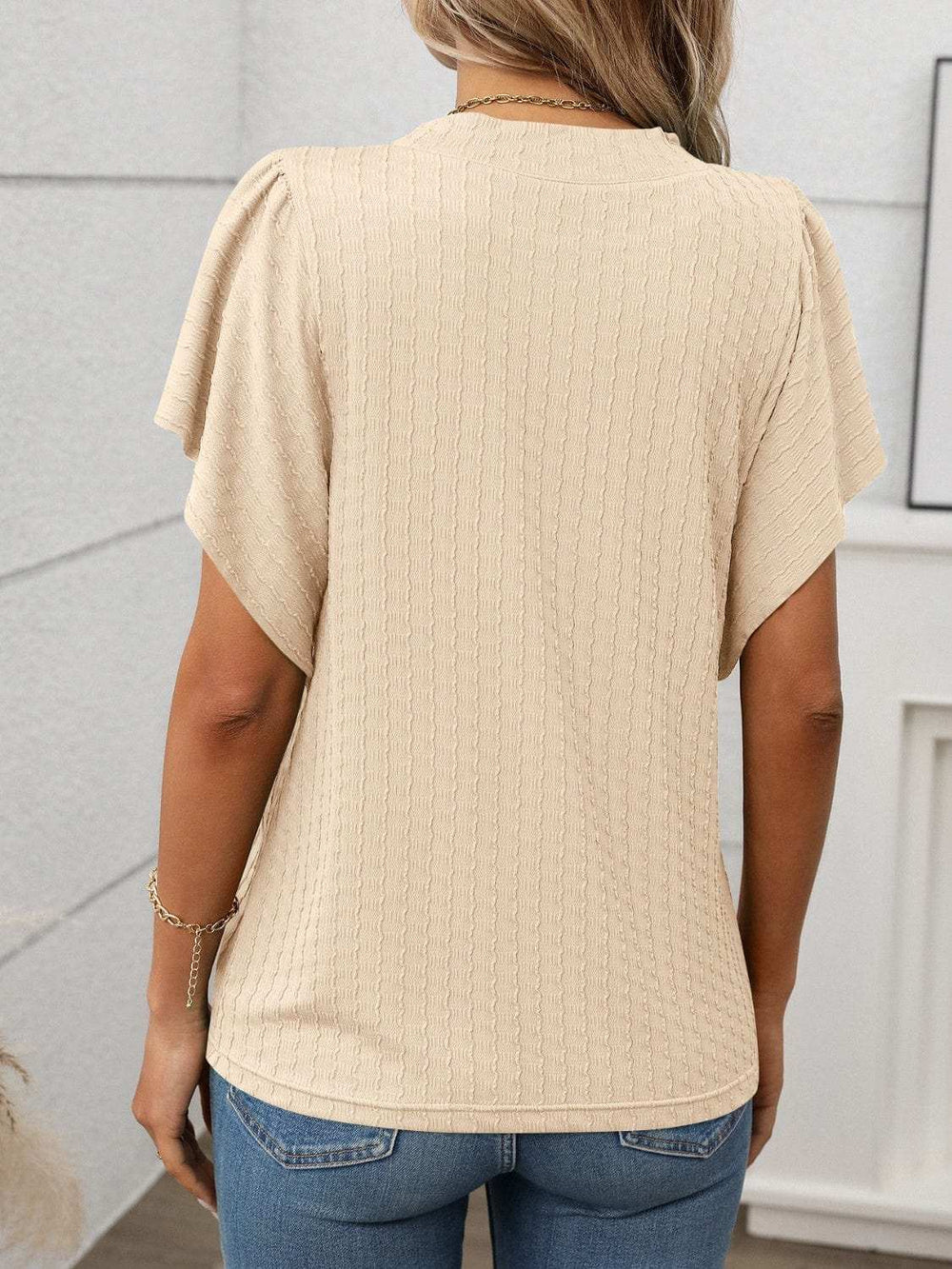 Round Neck Flutter Sleeve T-Shirt - Trendsi - Flyclothing LLC