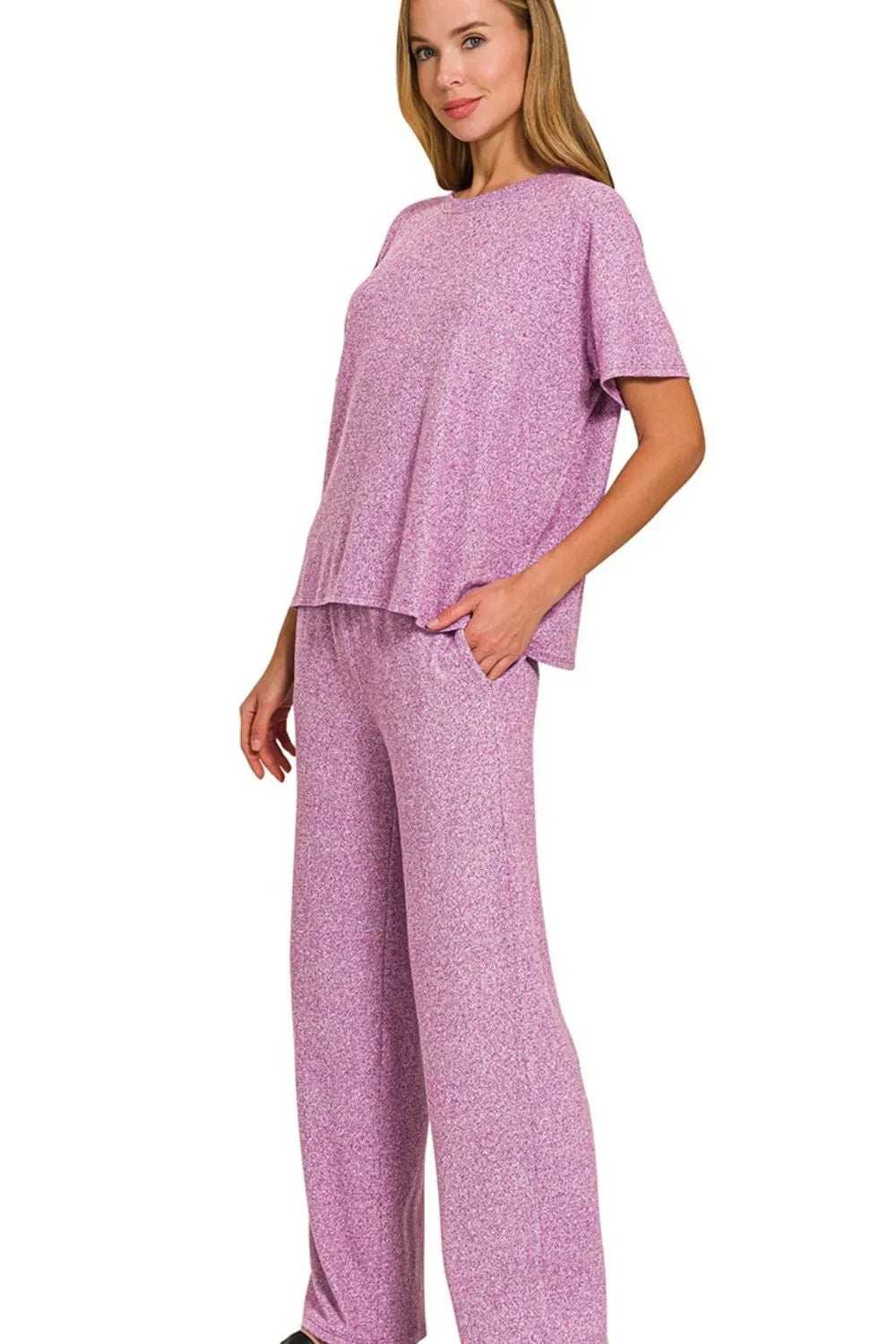 Zenana Soft Melange Short Sleeve Tee & Long Pants Set - Trendsi - Flyclothing LLC
