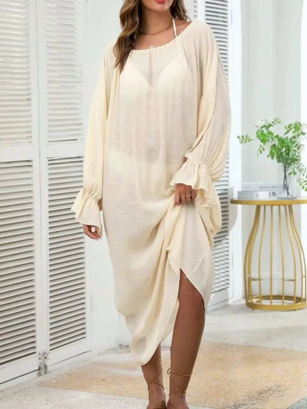 Backless Drawstring Back Flounce Sleeve Cover-Up - Trendsi - Flyclothing LLC