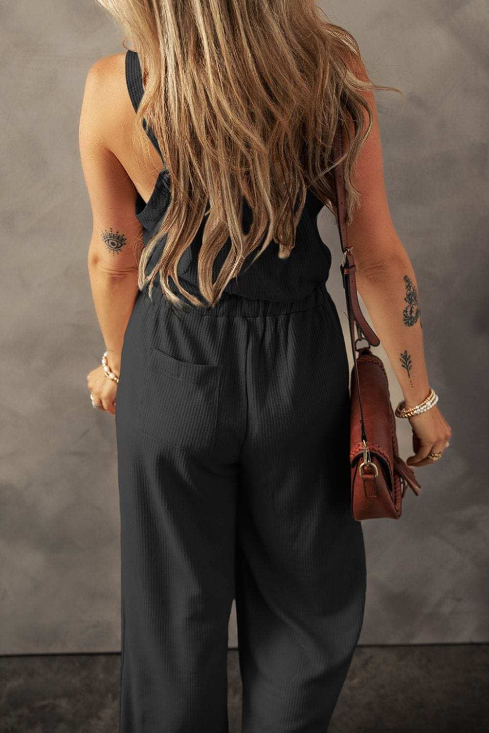 Knotted Straps Button Textured Drawstring Jumpsuit - Trendsi - Flyclothing LLC