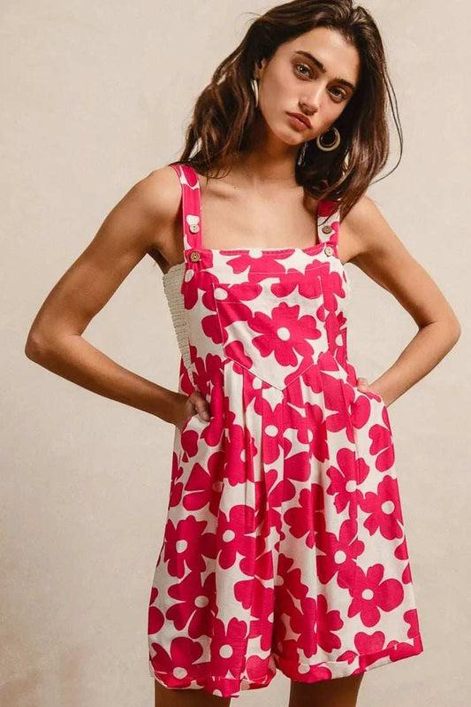 BiBi Floral Prints Tuck Detail Short Overall With Pockets - Trendsi - Flyclothing LLC