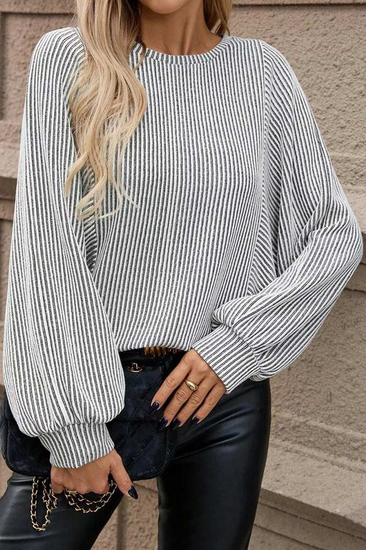 Striped Round Neck Long Sleeve Top - Trendsi - Flyclothing LLC