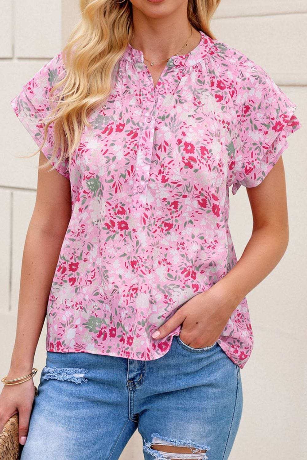 Floral Half Button Round Neck Short Sleeve Blouse - Trendsi - Flyclothing LLC