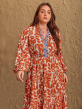 Plus Size Printed Notched Long Sleeve Maxi Dress - Trendsi - Flyclothing LLC