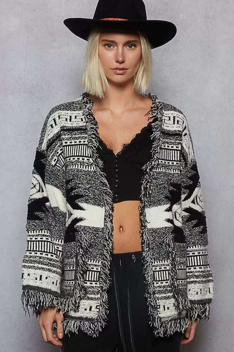 POL Open Front Geometric Print Cardigan with Fringe Detail - Trendsi - Flyclothing LLC