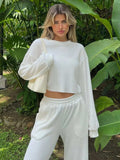 Waffle-Knit Round Neck Top and Pants Set - Trendsi - Flyclothing LLC