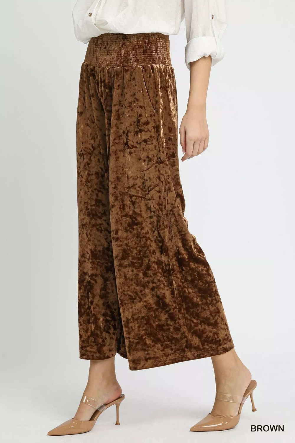 Umgee Velvet Smocked Waistband Wide Leg Pants - Trendsi - Flyclothing LLC