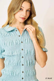 Umgee Smocked Short Sleeve Button-Front Shirt with Peter Pan Collar - Trendsi - Flyclothing LLC