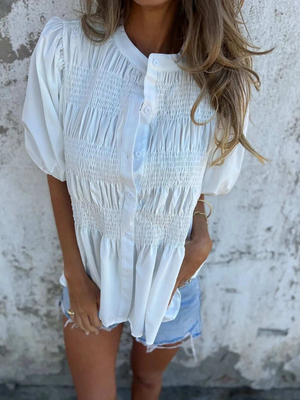 Full Size Smocked Puff Sleeve Blouse Plus Size - Trendsi - Flyclothing LLC