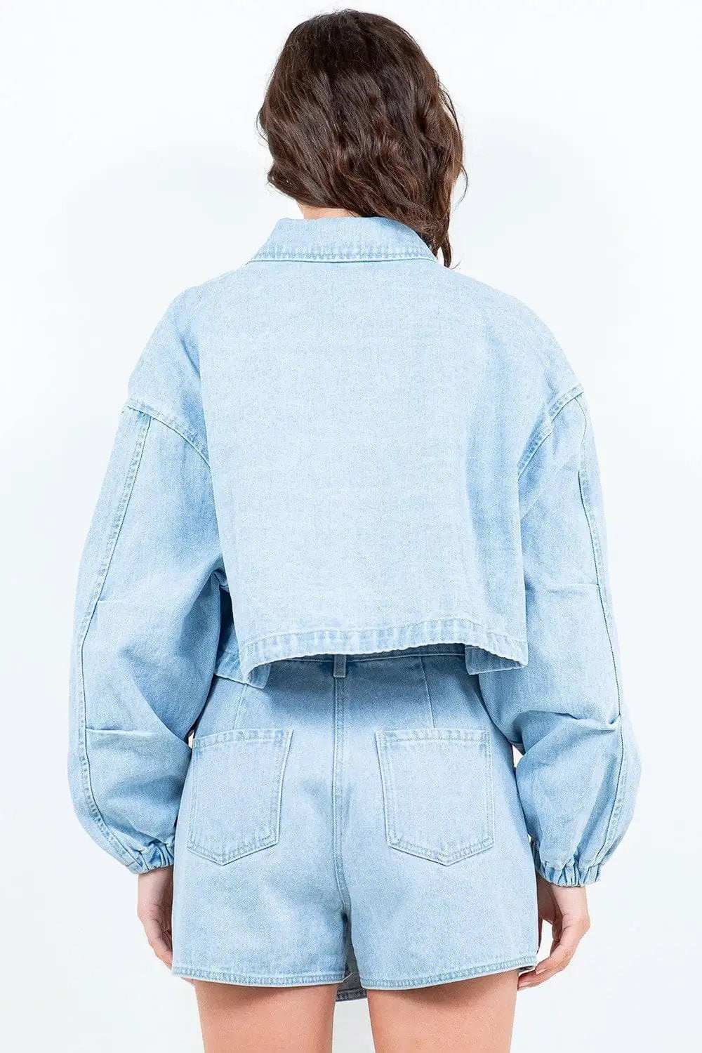 American Bazi Drawstring Waist Crop Denim Jacket - Trendsi - Flyclothing LLC