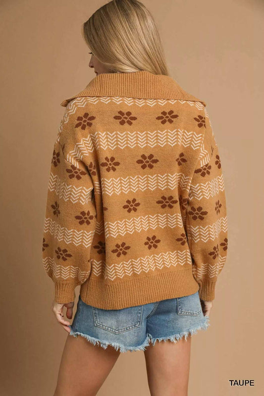 Umgee Floral Patterned Jacquard Quarter-Zip Pullover Sweater - Trendsi - Flyclothing LLC