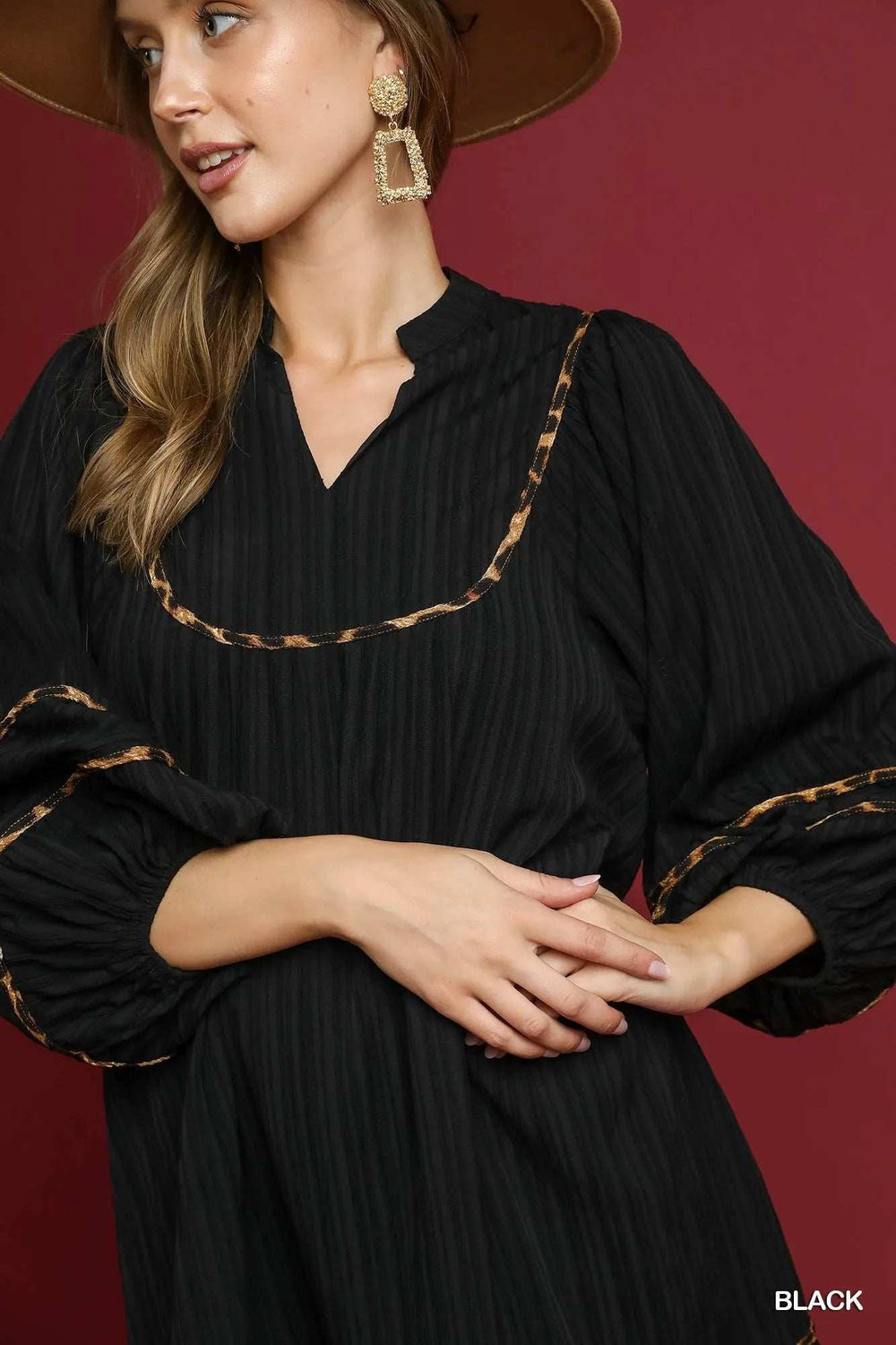 Umgee Full Size Textured Babydoll Dress with Leopard Trim Plus Size - Trendsi - Flyclothing LLC