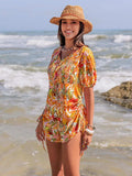 Smocked Printed Tie Neck Romper - Trendsi - Flyclothing LLC
