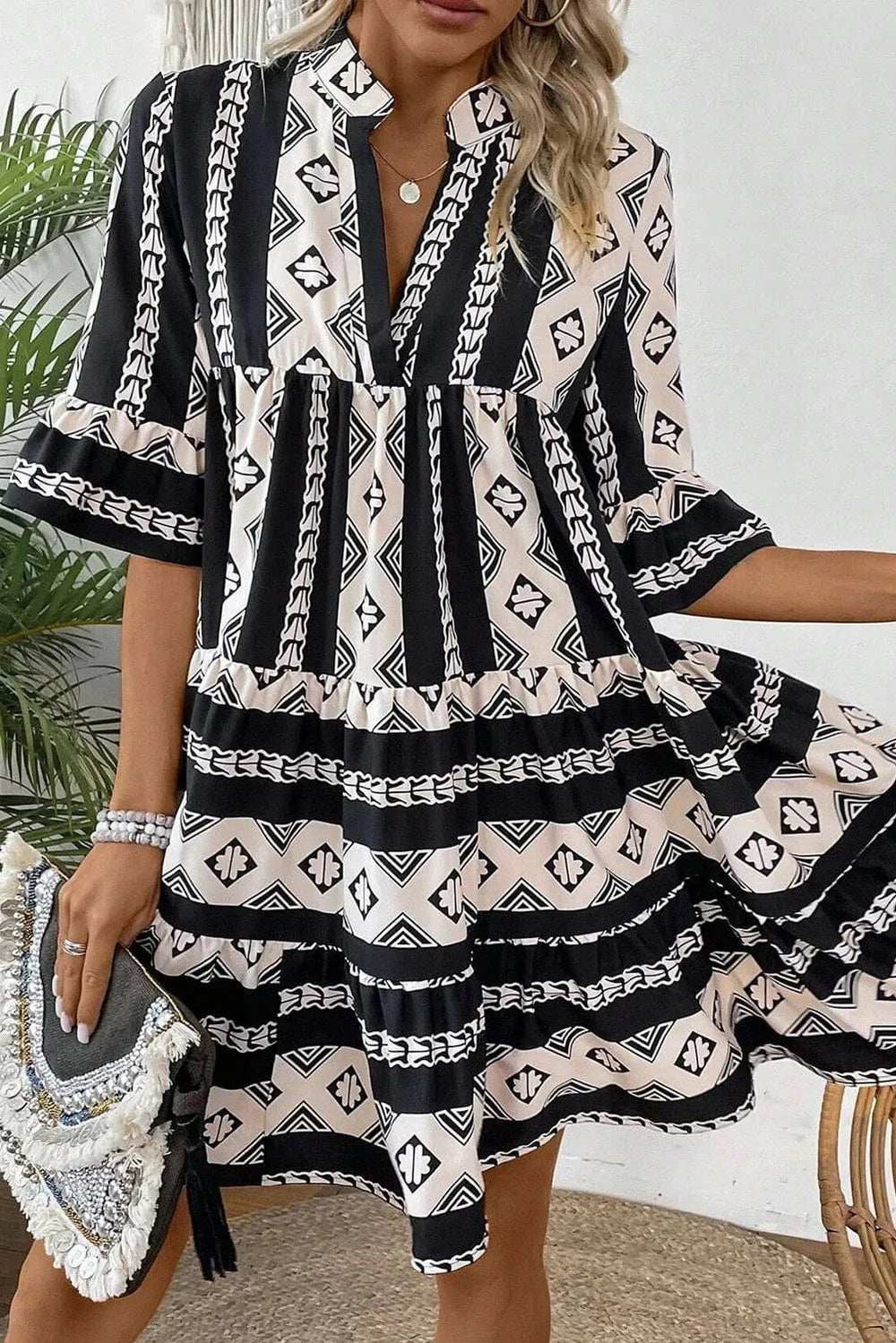 Tiered Printed Notched Half Sleeve Dress - Trendsi - Flyclothing LLC