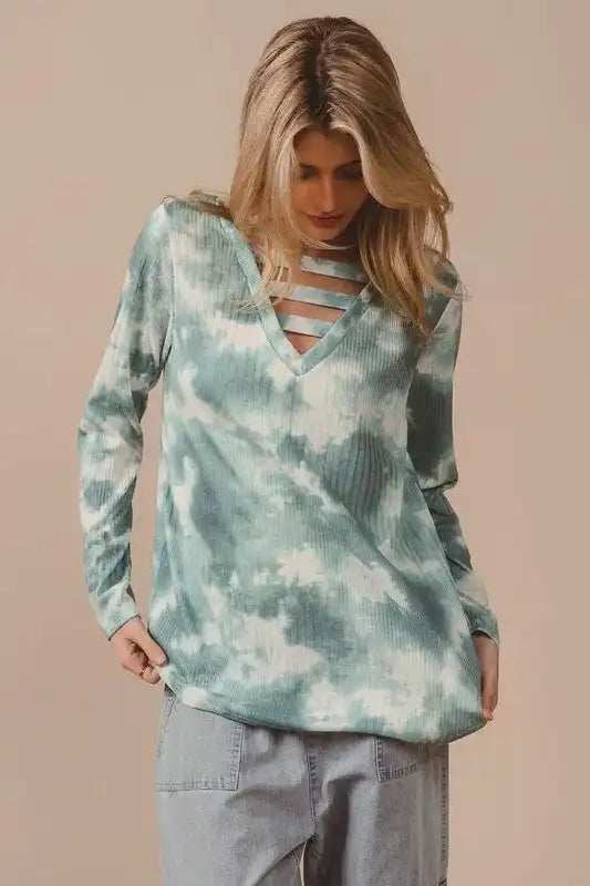 BiBi Variegated Tie Dye Rib V-Neck Top with Strapped - Trendsi - Flyclothing LLC