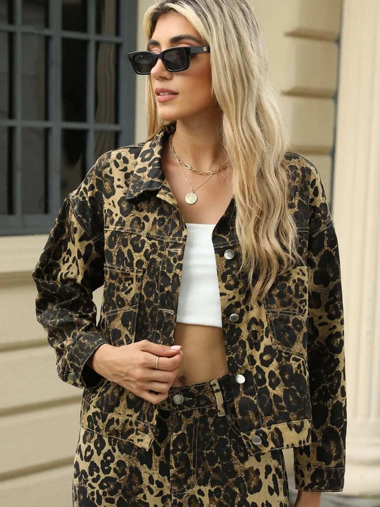 Pocketed Leopard Long Sleeve Denim Jacket - Trendsi - Flyclothing LLC