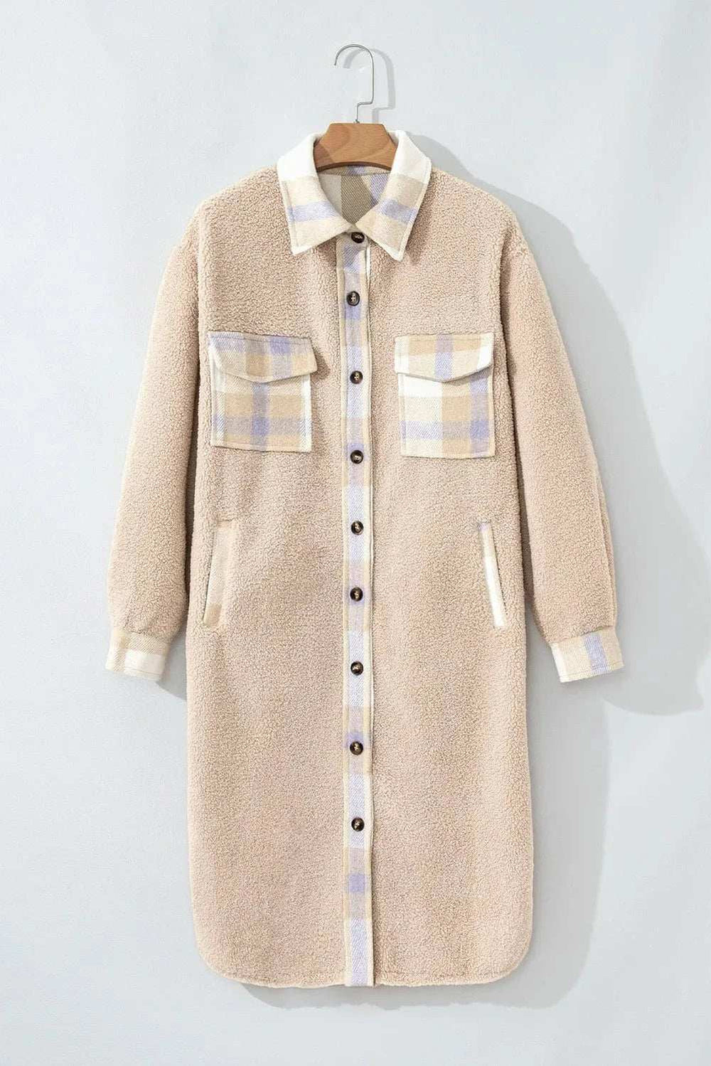 Slit Plaid Button Down Long Sleeve Coat - Trendsi - Flyclothing LLC