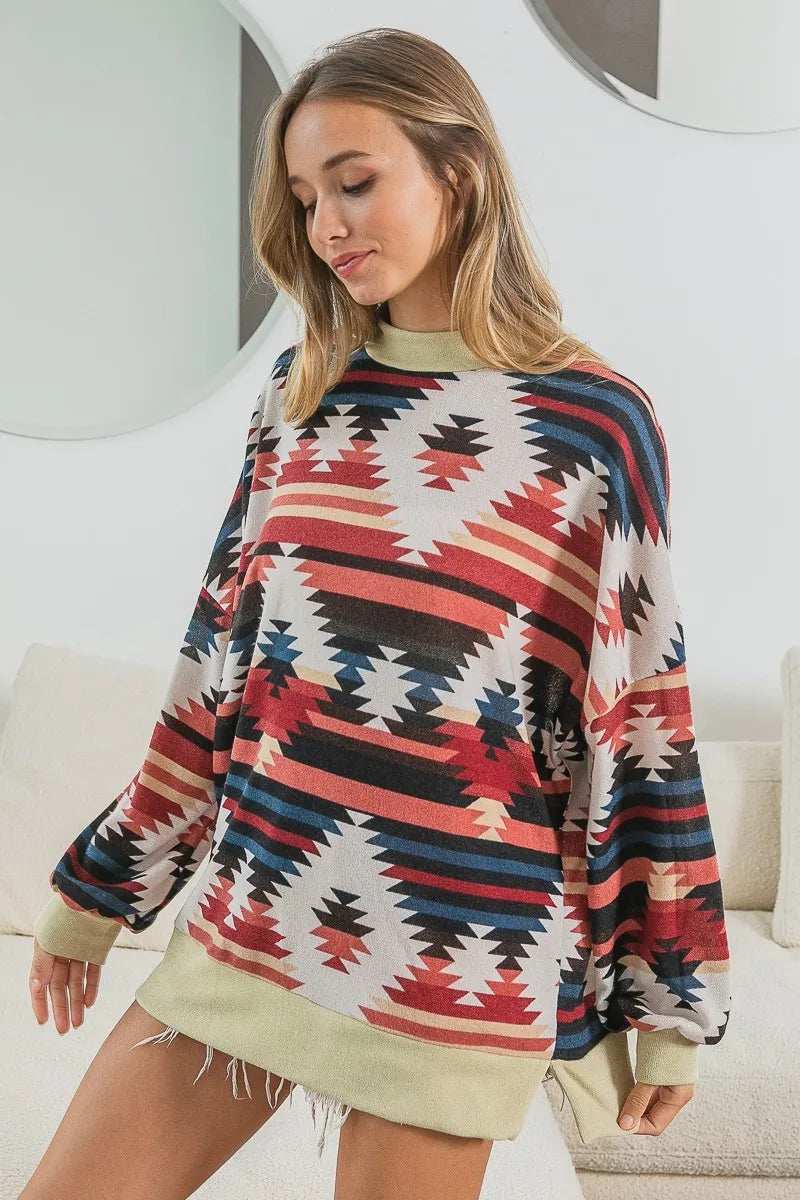 BiBi Aztec Print Mirr Mock Neck Lslv Top - Trendsi - Flyclothing LLC