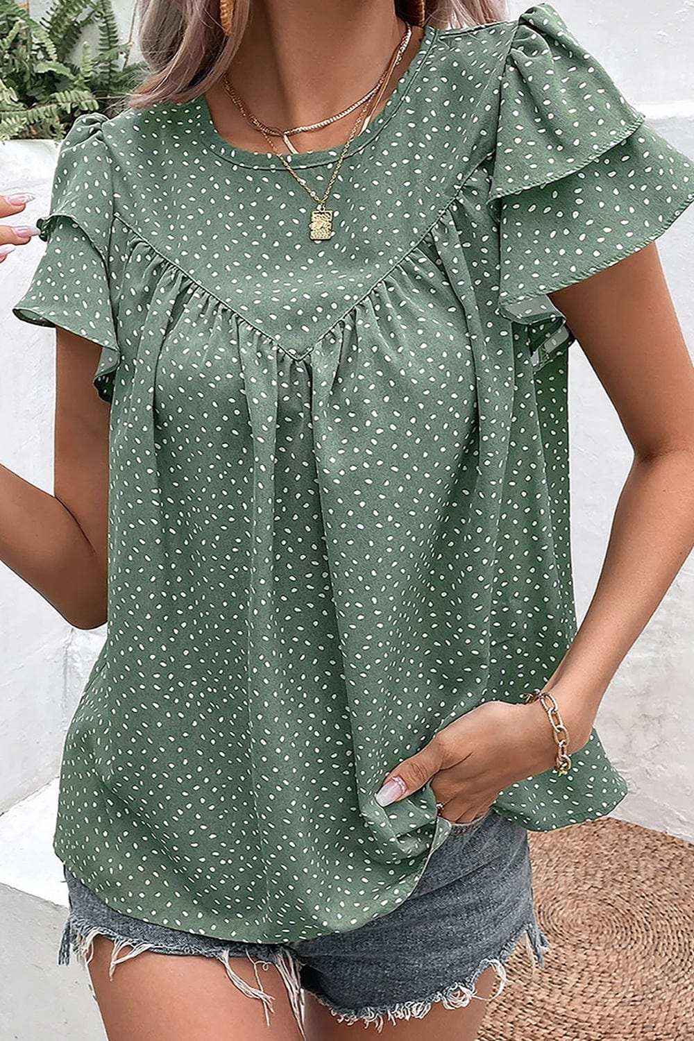 Ruffled Printed Round Neck Cap Sleeve Blouse - Trendsi - Flyclothing LLC